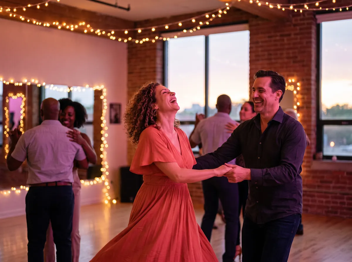 Adults dancing together at an evening party in the studio