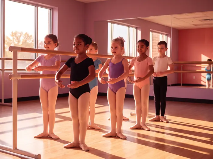 Young ballet students standing at the barre in first position