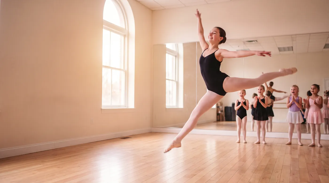 A young dancer leaps across a sunny studio while younger students cheer
